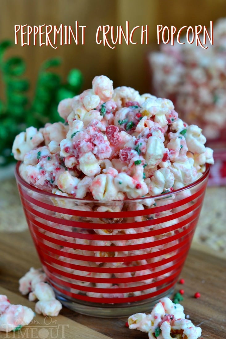 You're going to love the fabulous flavor and satisfying crunchy sweetness of this Peppermint Crunch Popcorn! It takes just minutes to prepare and would make the perfect gift this holiday season! Take this to your holiday party and let the compliments roll in! | MomOnTimeout.com | #popcorn #Christmas #recipe