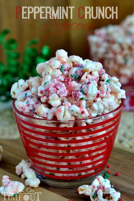 You're going to love the fabulous flavor and satisfying crunchy sweetness of this Peppermint Crunch Popcorn! It takes just minutes to prepare and would make the perfect gift this holiday season! Take this to your holiday party and let the compliments roll in! | MomOnTimeout.com | #popcorn #Christmas #recipe