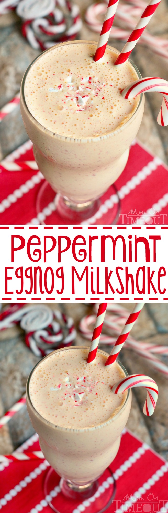 Two of my favorite holiday flavors come together magnificently in this exceptional Peppermint Eggnog Milkshake! An amazing drink for your next holiday or Christmas party! // Mom On Timeout