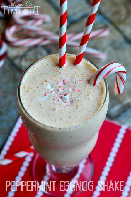 Two of my favorite holiday flavors come together magnificently in this exceptional Peppermint Eggnog Milkshake! | MomOnTimeout.com