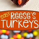 two image collage showing turkeys made by Reeses candy. Center color block with text overlay.