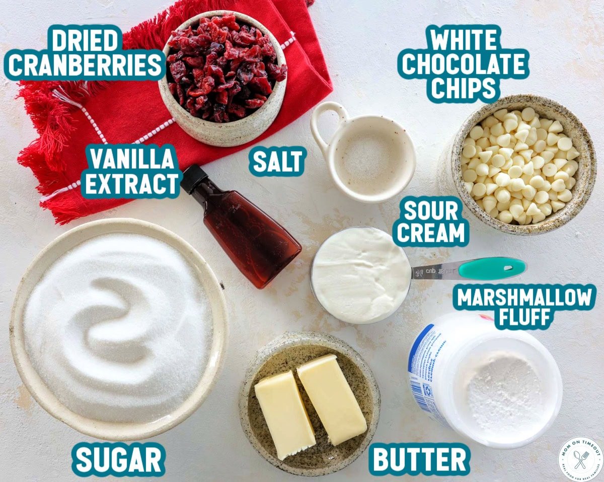 Overhead shot of labeled ingredients for cranberry fudge.