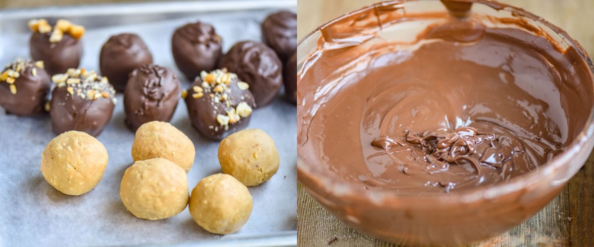 two image collage showing peanut butter balls being dipped in chocolate.