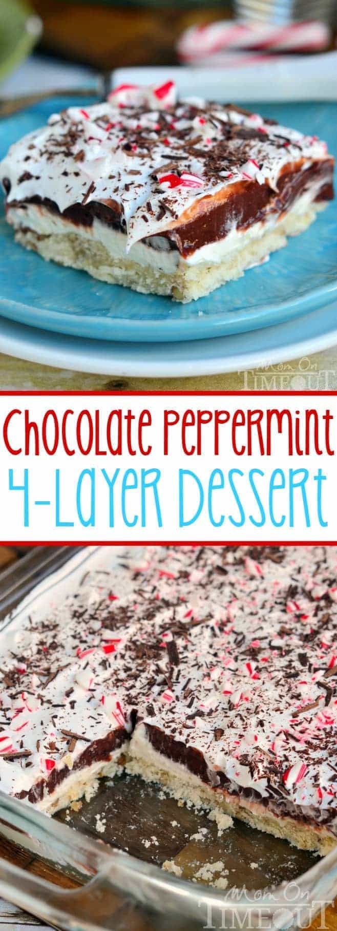 My Grandma's 4 Layer Dessert all dressed up for Christmas! You're going to love the all the yummy layers in this Chocolate Peppermint 4 Layer Dessert! A wonderfully delicious EASY dessert that is perfect for the holiday season and Christmas!