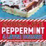 Three image graphic showing chocolate peppermint layered dessert for Christmas. Text overlay in center.