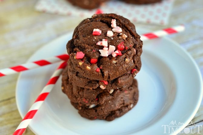These soft and chewy Chocolate Peppermint Cookies have the perfect amount of peppermint flavor to make them bright and festive!  The perfect addition to your holiday cookie trays! | MomOnTimeout.com #Christmas #cookie #peppermint