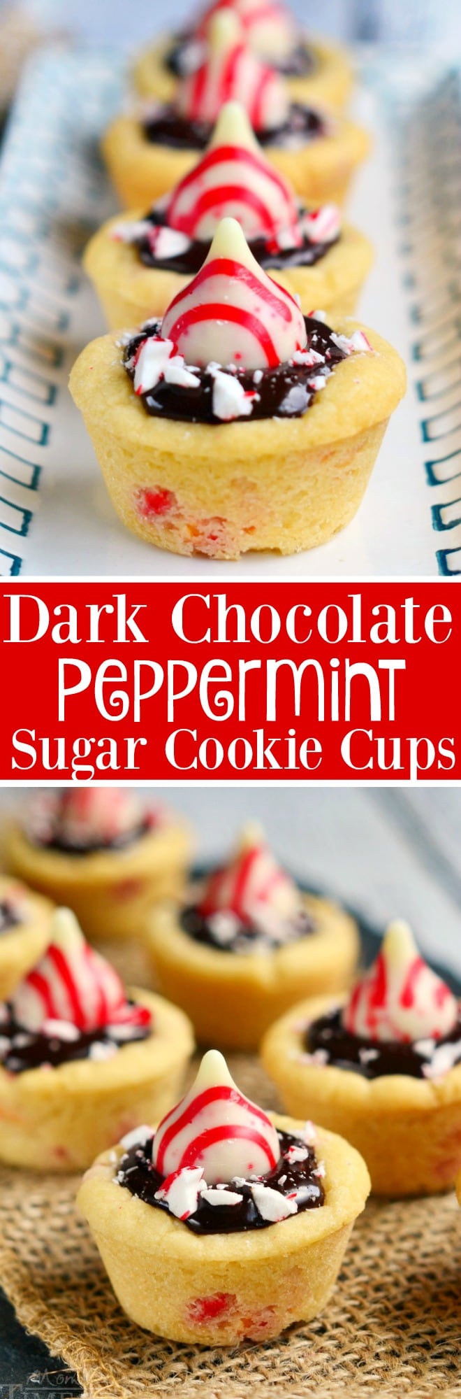 Dark Chocolate Peppermint Sugar Cookie Cups filled with chocolate ganache and topped with Candy Cane Hershey's Kisses. An easy treat that is perfect for the holidays!