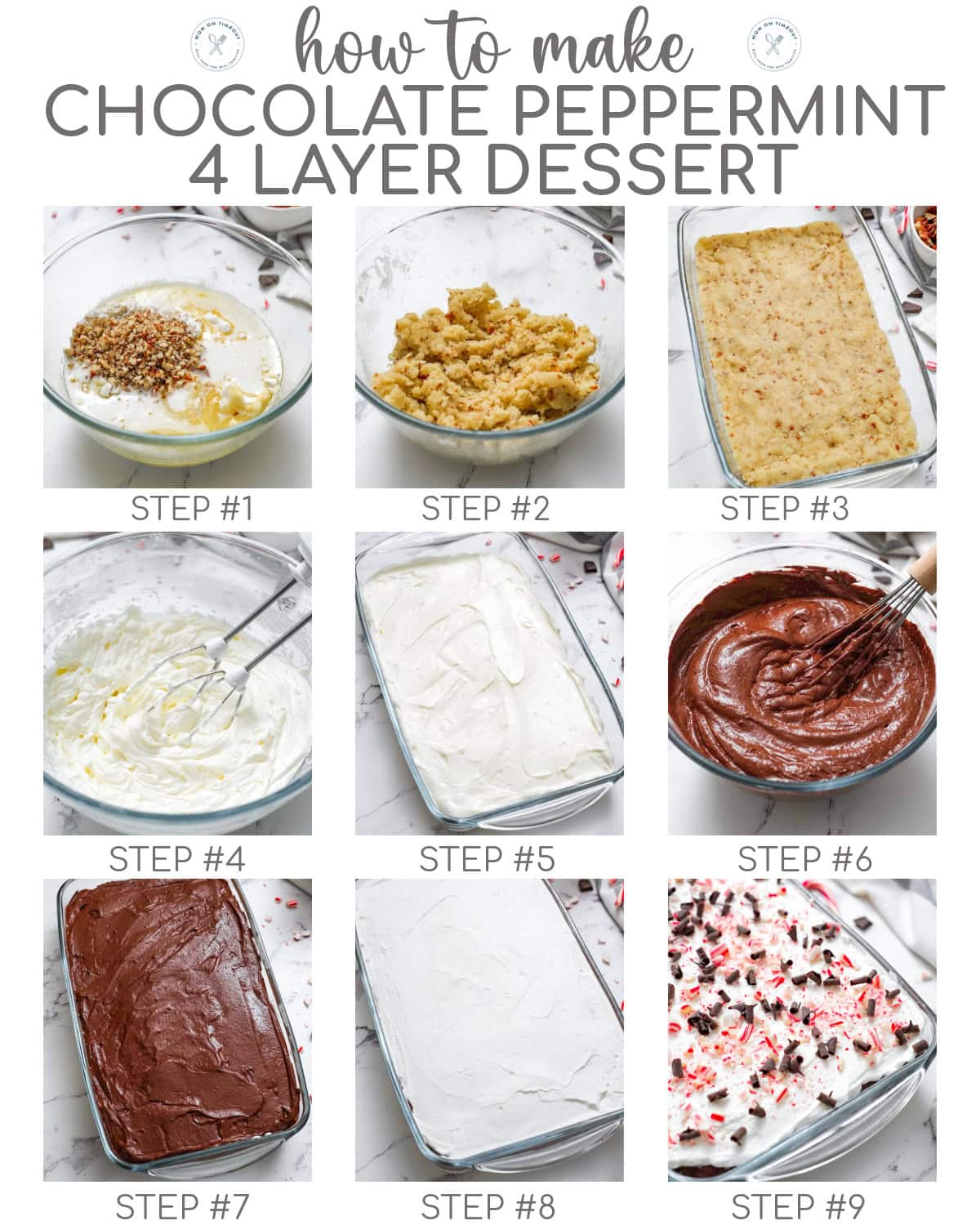 Nine image collage showing how to make chocolate peppermint layered dessert with numbered steps.
