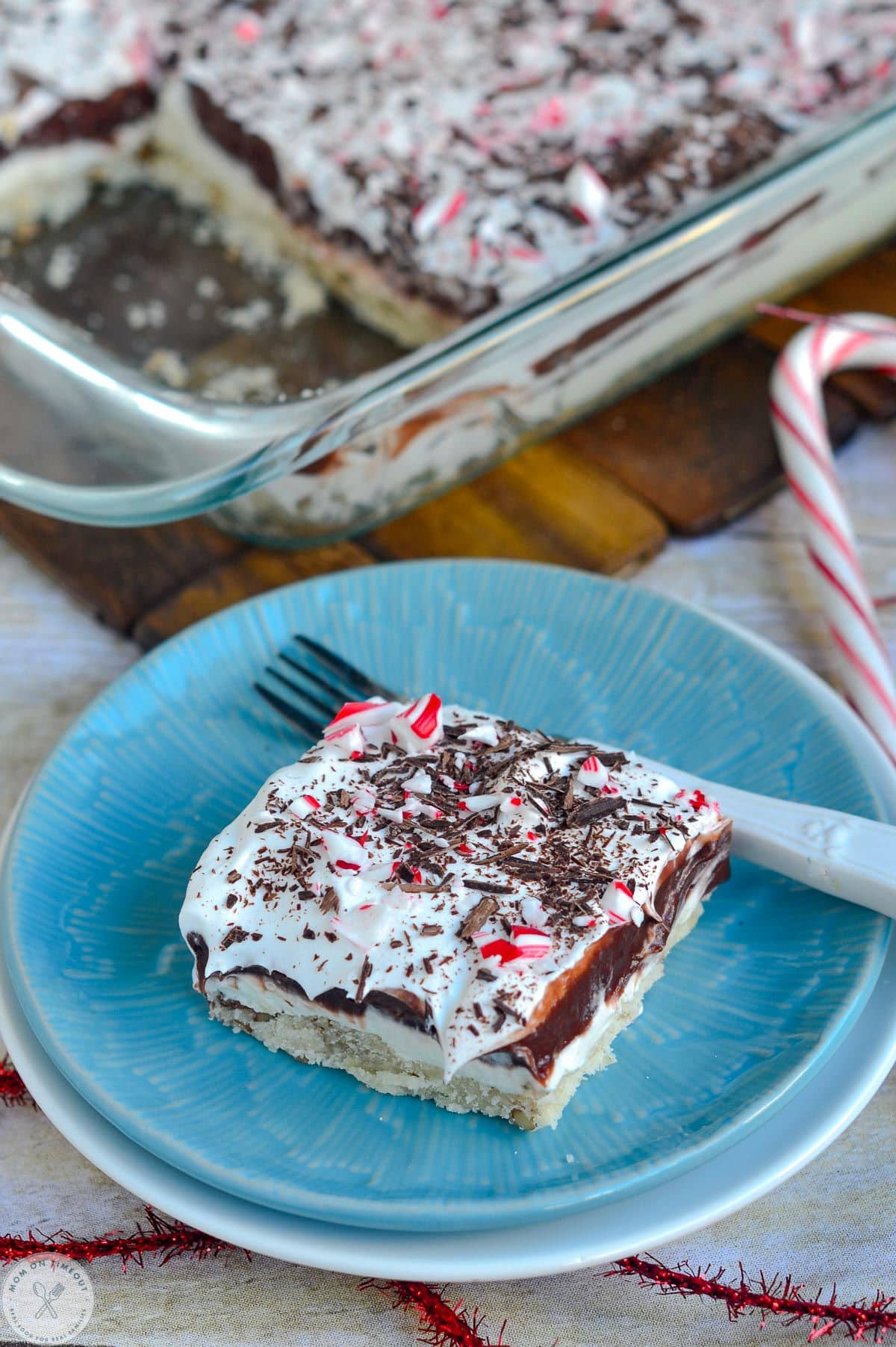 Overhead angled shot of peppermint lush on round blue plate with remaining lush in background.