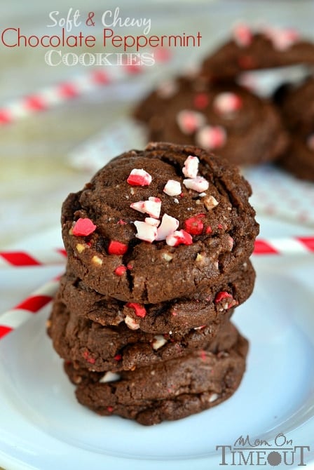 These soft and chewy Chocolate Peppermint Cookies have the perfect amount of peppermint flavor to make them bright and festive!  The perfect addition to your holiday cookie trays! | MomOnTimeout.com #Christmas #cookie #peppermint