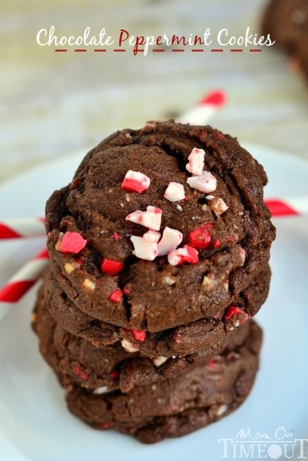 These soft and chewy Chocolate Peppermint Cookies have the perfect amount of peppermint flavor to make them bright and festive!  The perfect addition to your holiday cookie trays! | MomOnTimeout.com #Christmas #cookie #peppermint