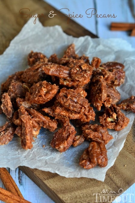 Sweet and crunchy, these Sugar and Spice Pecans are just bursting with amazing flavor! | MomOnTimeout.com