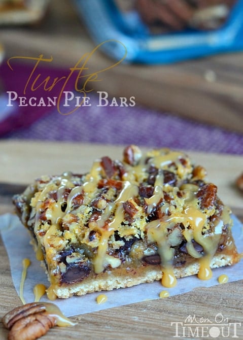 If you love pecan pie you're going to go crazy for these Turtle Pecan Pie Bars! Packed full of crunchy pecans, creamy caramel, and decadent chocolate, these bars are sure to satisfy your sweet tooth! | MomOnTimeout.com #sponsor #pie #turtle