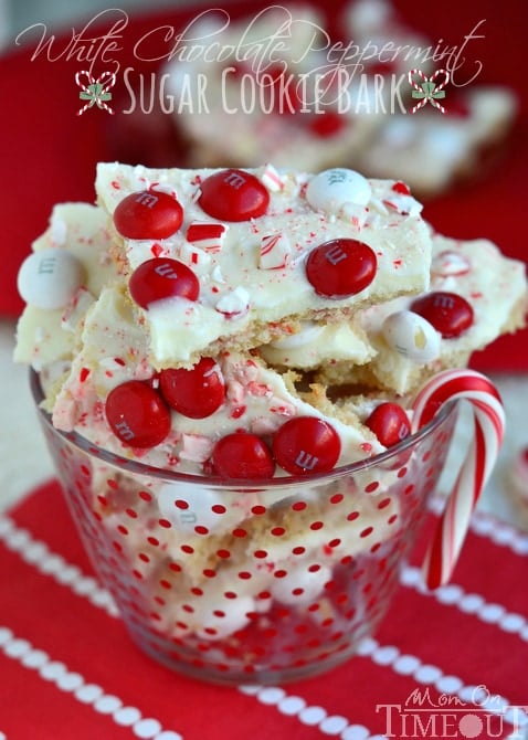 sugar cookie bark with red and white mandms in glass jar 