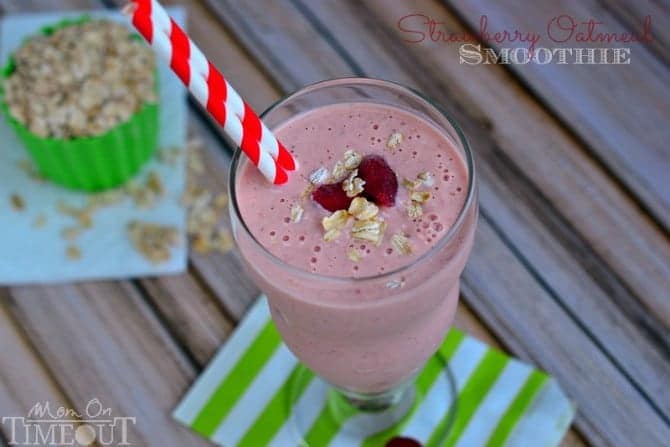 Strawberry Oatmeal Smoothie made with Greek yogurt, honey and oats for a satisfying, nutritious start to your day! | MomOnTimeout.com