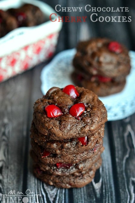 Chewy Chocolate Cherry Cookies are studded with maraschino cherries and mini chocolate chips! A match made in heaven! | MomOnTimeout.com