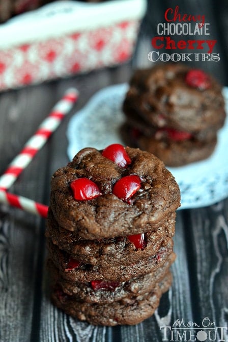 Chewy Chocolate Cherry Cookies are studded with maraschino cherries and mini chocolate chips! A match made in heaven! | MomOnTimeout.com