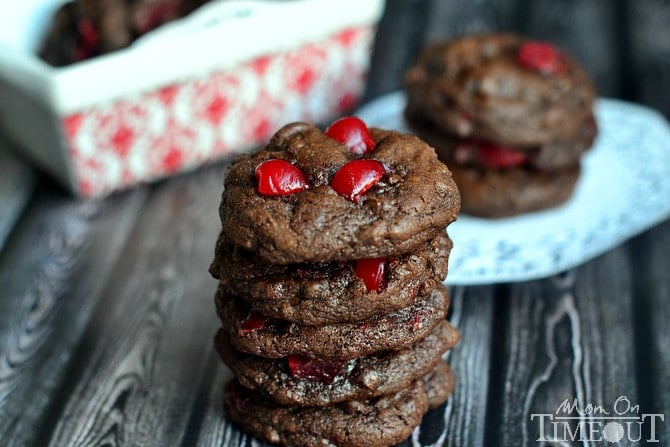 Chewy Chocolate Cherry Cookies are studded with maraschino cherries and mini chocolate chips! A match made in heaven! | MomOnTimeout.com