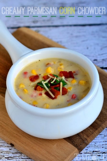 This Creamy Parmesan Corn Chowder is sure to delight and tantalize your tastebuds! | MomOnTimeout.com