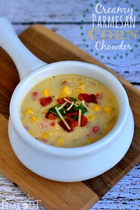 This Creamy Parmesan Corn Chowder is sure to delight and tantalize your tastebuds! | MomOnTimeout.com