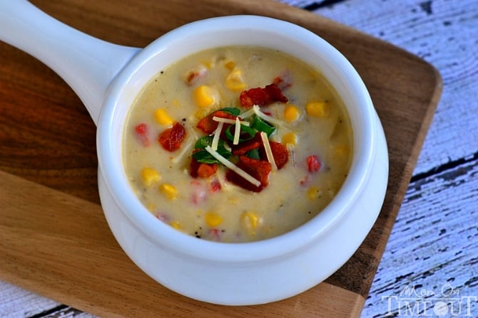 This Creamy Parmesan Corn Chowder is sure to delight and tantalize your tastebuds! | MomOnTimeout.com