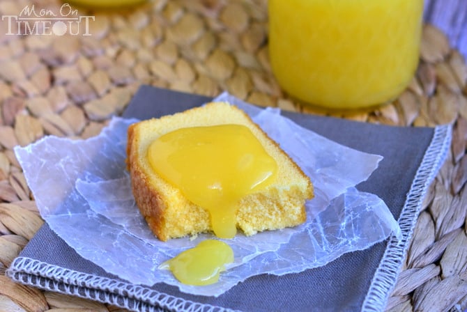 lemon curd on a piece of pound cake on a gray napkin