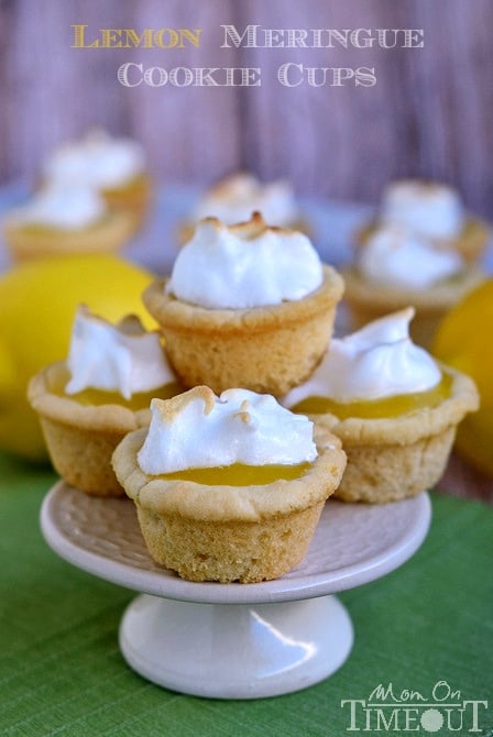 Sugar cookie cups pair perfectly with the refreshingly tart lemon curd filling in these Lemon Meringue Cookie Cups! MomOnTimeout.com