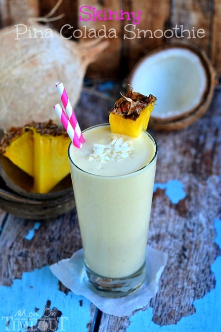 You are going to go coco-nuts for this delicious Skinny Pina Colada Smoothie made with Greek yogurt and lite coconut milk! MomOnTimeout.com