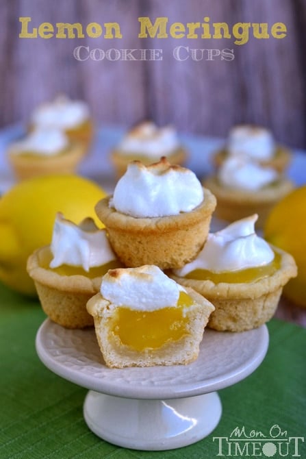 Sugar cookie cups pair perfectly with the refreshingly tart lemon curd filling in these Lemon Meringue Cookie Cups! MomOnTimeout.com