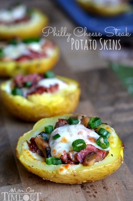 Philly Cheese Steak Potato Skins are sure to please any crowd! Appetizer or dinner - they're always a winning choice! | MomOnTimeout.com