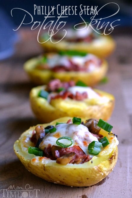 Philly Cheese Steak Potato Skins are sure to please any crowd! Appetizer or dinner - they're always a winning choice! | MomOnTimeout.com