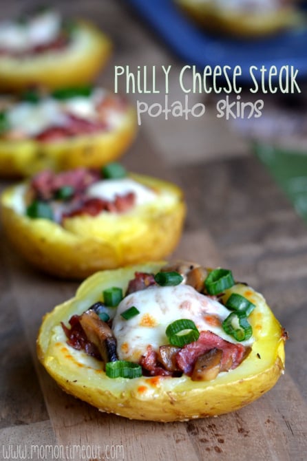 Philly Cheese Steak Potato Skins are sure to please any crowd! Appetizer or dinner - they're always a winning choice! | MomOnTimeout.com