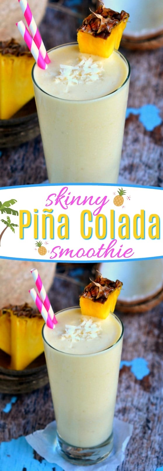 You are going to go coco-nuts for this delicious Skinny Pina Colada Smoothie made with Greek yogurt and lite coconut milk! Perfect for breakfast or after-school snacks! // Mom On Timeout #smoothie #recipe #skinny #coconut #pineapple #Greekyogurt #protein #breakfast