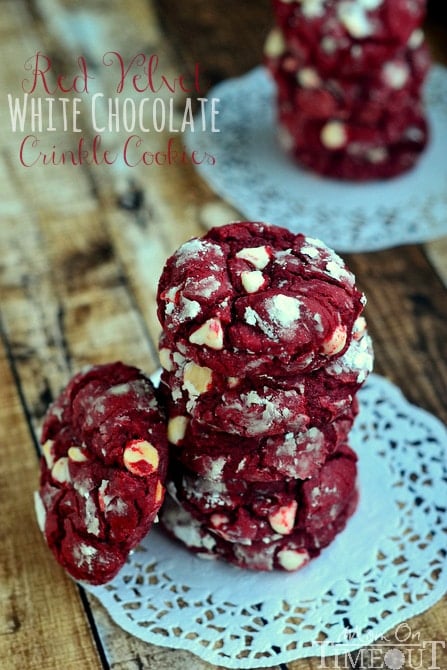 Soft and chewy Red Velvet White Chocolate Crinkle Cookies made with cake mix! MomOnTimeout.com