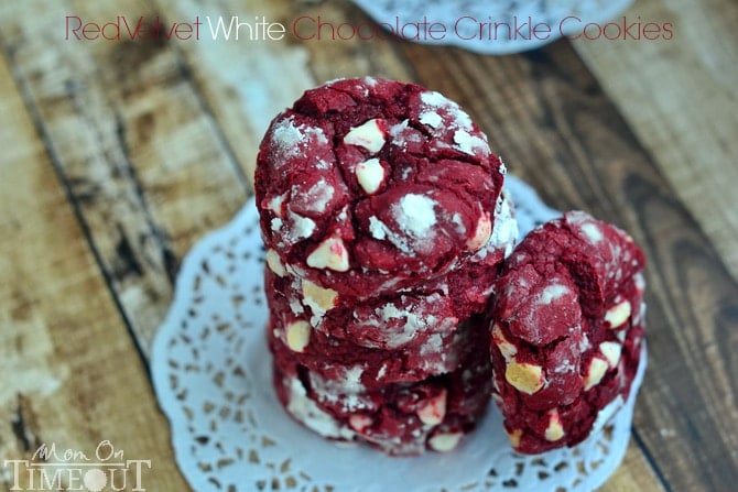 Soft and chewy Red Velvet White Chocolate Crinkle Cookies made with cake mix! MomOnTimeout.com