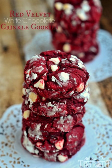 Soft and chewy Red Velvet White Chocolate Crinkle Cookies made with cake mix! MomOnTimeout.com