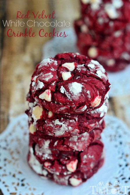 Soft and chewy Red Velvet White Chocolate Crinkle Cookies made with cake mix! MomOnTimeout.com