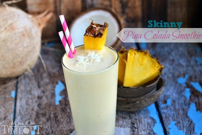 You are going to go coco-nuts for this delicious Skinny Pina Colada Smoothie made with Greek yogurt and lite coconut milk! MomOnTimeout.com
