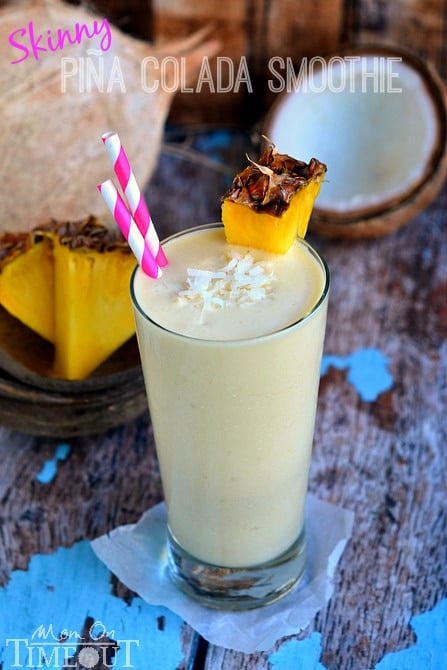 You are going to go coco-nuts for this delicious Skinny Pina Colada Smoothie made with Greek yogurt and lite coconut milk! MomOnTimeout.com