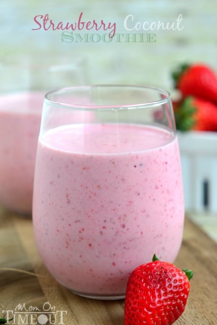 Simple and sweet Strawberry Coconut Smoothie makes a satisfying breakfast or snack since it's made with Greek yogurt! | MomOnTimeout.com