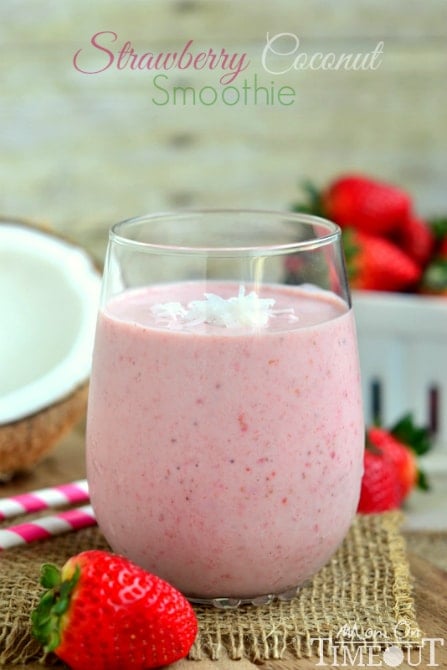 Simple and sweet Strawberry Coconut Smoothie makes a satisfying breakfast or snack since it's made with Greek yogurt! | MomOnTimeout.com