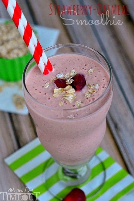 Strawberry Oatmeal Smoothie made with Greek yogurt, honey and oats for a satisfying, nutritious start to your day! | MomOnTimeout.com
