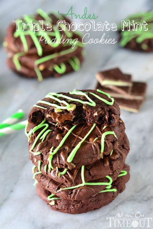 You're going to love the rich chocolate and refreshing mint flavors in these Andes Triple Chocolate Mint Pudding Cookies! | MomOnTimeout.com