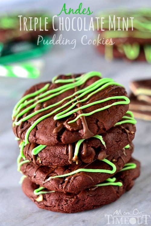 You're going to love the rich chocolate and refreshing mint flavors in these Andes Triple Chocolate Mint Pudding Cookies! | MomOnTimeout.com