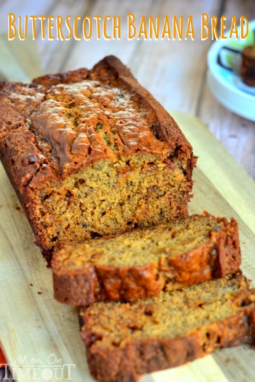 Butterscotch Banana Bread top down on cutting board