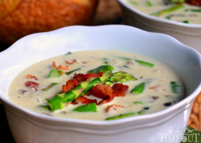 Creamy Asparagus Soup is so delicious and is just bursting with fresh flavor! Comfort food at it's best! | MomOnTimeout.com