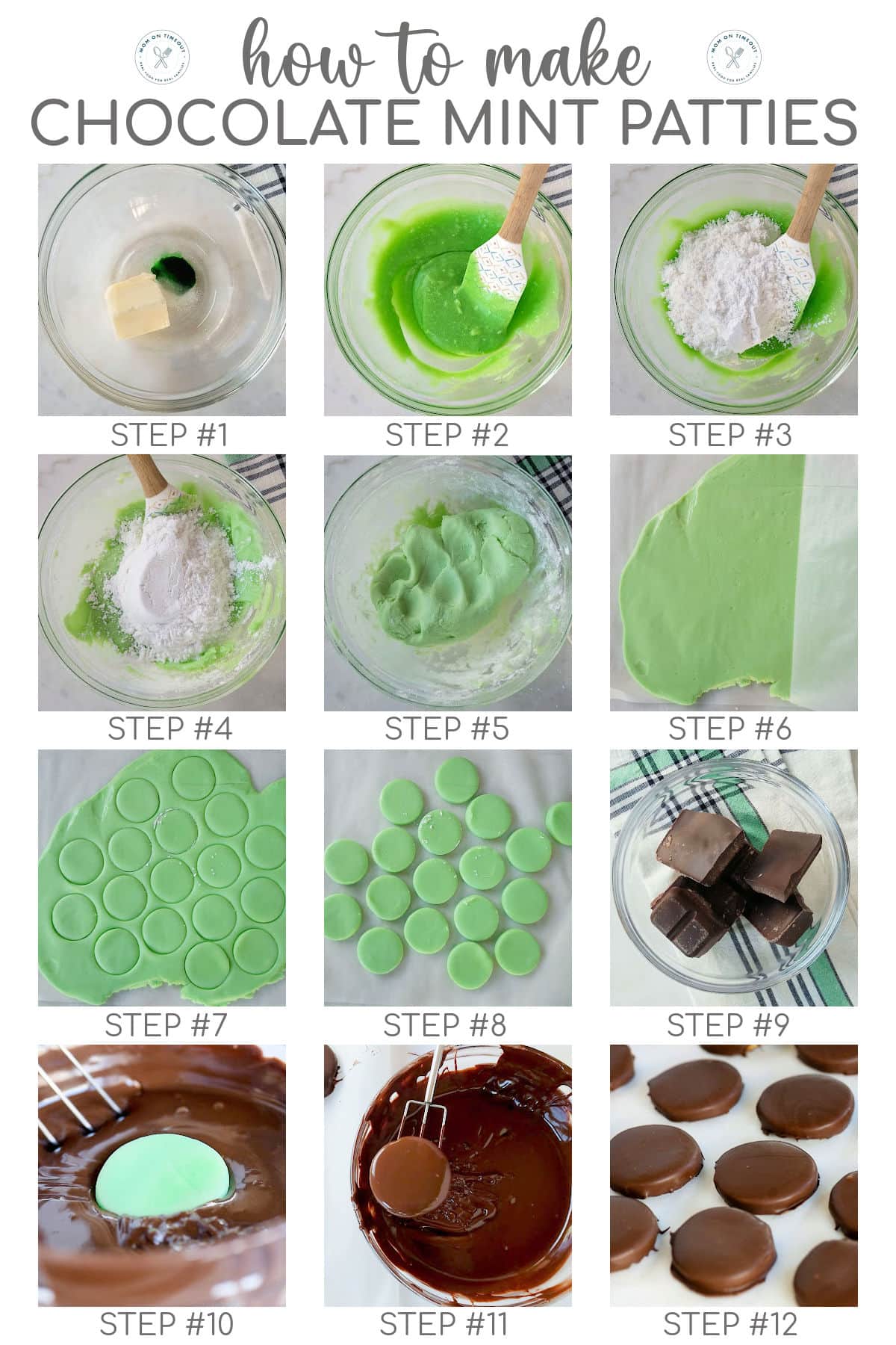Twelve image collage showing how to make chocolate mint patties step by step with title overlay at top of image. 