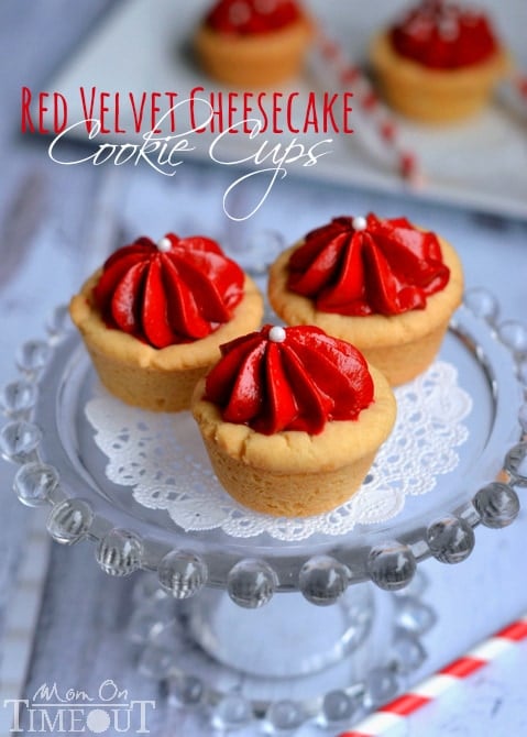 These Red Velvet Cheesecake Cookie Cups take just minutes to prepare and are so fabulously festive! | MomOnTimeout.com