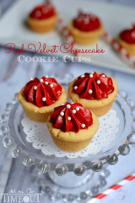 These Red Velvet Cheesecake Cookie Cups take just minutes to prepare and are so fabulously festive! | MomOnTimeout.com
