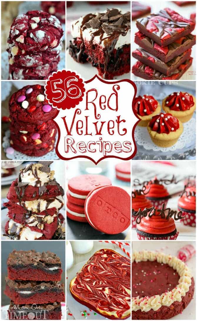 56 Red Velvet Recipes from your favorite bloggers! Cookies, cakes, bars, cupcakes and so much more! | MomOnTimeout.com